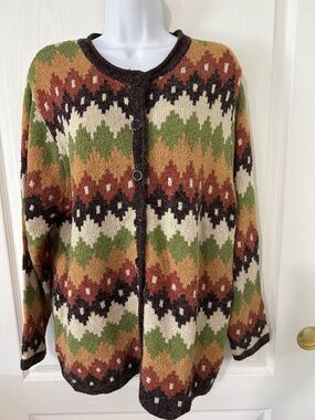 VTG Dress Barn Earth Tone 1X Diamond Knit Button Cardigan Sweater Boho Y2K